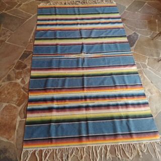 Vtg 60s 70s Mexican Serape Blanket Hanging 46 X 80 Wool Cotton Blue Ojo