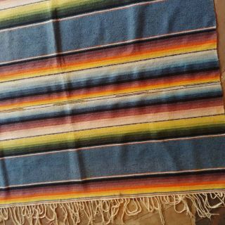 VTG 60s 70s Mexican Serape Blanket Hanging 46 x 80 Wool Cotton Blue Ojo 2