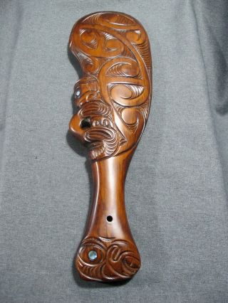 Maori Zealand Carved Wood & Abalone Wahaika Kotiate Club 17 Inches Long