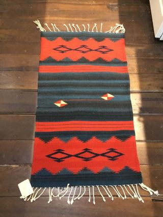 Vintage Hand Woven Wool Zapotec Indian Rug Tag Folkways Of Taos Made In Oaxaca