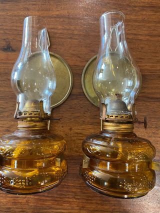 Miniature Vintage Japanese Amber Glass And Brass Reflector Oil Lamps