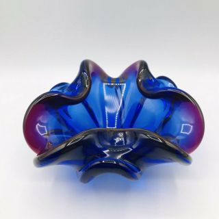 Vintage Murano Art Glass Mulberry Blue Cobalt Ashtray Bowl 7 "