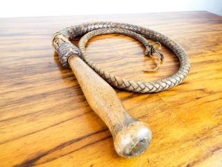 Vintage Western Style Brown Leather Bull Whip Braided Cowboy Plaited Horse Whip
