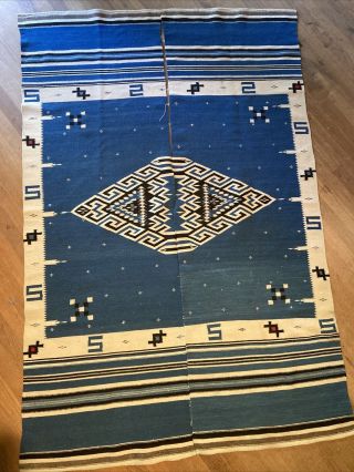 Antique Mexican Texcoco Saltillo Blue Blanket Rug Wall Hanging 49” By 74”