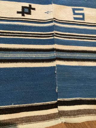 Antique Mexican Texcoco Saltillo Blue Blanket Rug Wall Hanging 49” By 74” 2