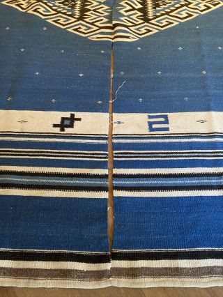 Antique Mexican Texcoco Saltillo Blue Blanket Rug Wall Hanging 49” By 74” 3