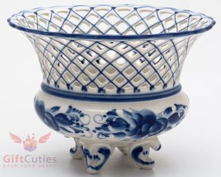 Gzhel Porcelain Candy Fruits Vase Dish Bowl Basket Hand - Painted