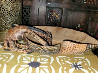 Vintage African Kenya Hand Carved Wooden Bowl Drinking Giraffe Tribal Painted