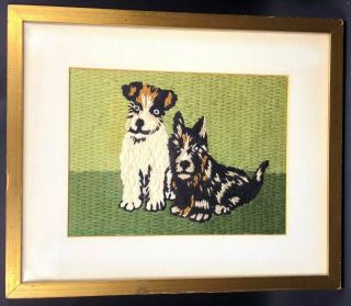 Vintage Folk Art Terrier Dogs Needlepoint Portrait Picture Framed & Matted 12 "