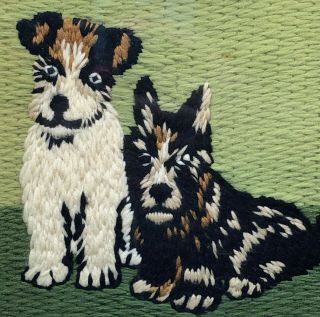Vintage Folk Art Terrier Dogs Needlepoint Portrait Picture Framed & Matted 12 