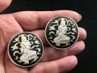 Large,  Vintage C1950s Toshikane Japanese Porcelain Clip Earrings,  Deity Krishna?