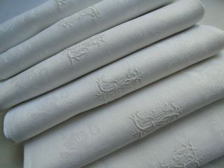 French Set Of 6 White Cotton Table Linens Damask Monogram Vintage