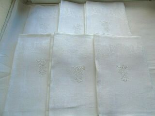 French set of 6 white cotton table linens damask monogram vintage 2