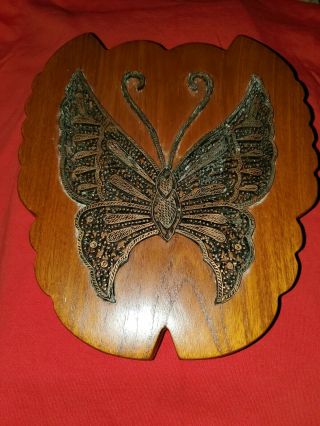 Copper Batik Chop Stamp Butterfly X 7 " Indonesia Textile Plaque Wood Base