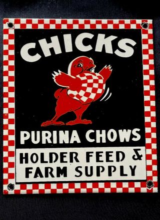 Vintage Chicks Purina Chow Farm Supply Porcelain Sign Car Gas Oil Truck Gasoline