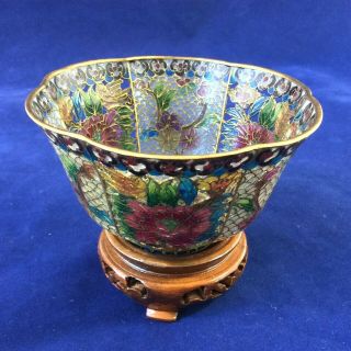 Plique Ajour Chinese Glass Vitreous Enamel Bowl & Carved Wood Stand @ 3.  25 " High