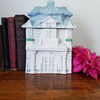 Hand Painted Ceramic Blue Farmhouse Cookie Jar House Vintage Holiday Gift