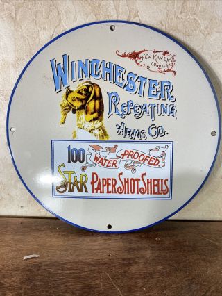 Vintage  Winchester Repeating  Model Porcelain Gas & Oil Sign 12 Inch