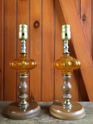 Vintage Set Amber Glass Wooden Base Night Stand Lamps