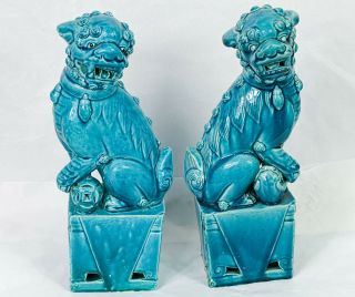 Chinese Ceramic Porcelain Blue Foo Fu Dogs (male & Female) Guardian Lion Statue