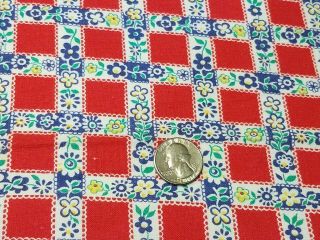 Vintage Full Feedsack: Red Squares With Blue And Yellow Flowers