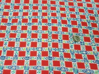 Vintage Full Feedsack: Red Squares with Blue and Yellow Flowers 2