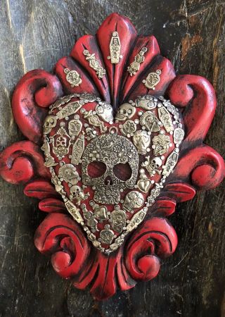 Red Day Of The Dead Milagros Heart,  Sugar Skull Corazon 9.  5”