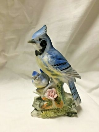 Vintage Bisque Porcelain Blue Jay Bird W/baby Bird Figurine,  Pink Flower,  Japan