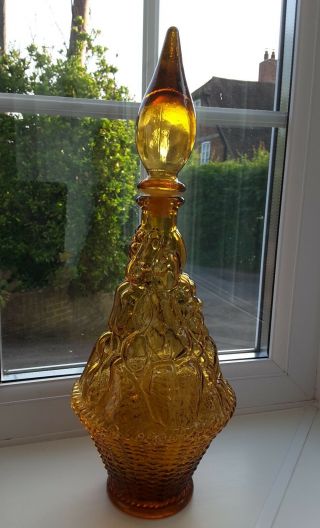 Vintage Empoli Large Italian Amber Glass Fruit Basket Pattern Decanter/bottle