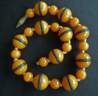 Vtg Butterscotch Bakelite Catalin Beaded Necklace W Black Stripes Double Knotted