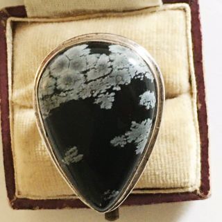 Huge Vintage 925 solid silver Ring Polished Snowflake Obsidian Heavy Quality 2