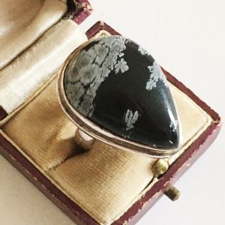 Huge Vintage 925 solid silver Ring Polished Snowflake Obsidian Heavy Quality 3