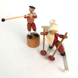 Vintage Wood Thumb Push Puppet Collapsible Golfer Toy & Wood String Bead Skier