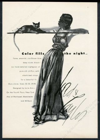 1949 Black Cat Woman Art Luci Ann Lingerie Nightgown Lord & Taylor Print Ad