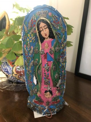 Mexican Folk Art Virgin De Guadalupe Wood Carving With “milagros”