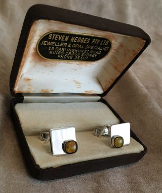 Vintage Steven Hedges Pty Ltd Sydney Starlux Sterling Silver & Opal Cuff Links