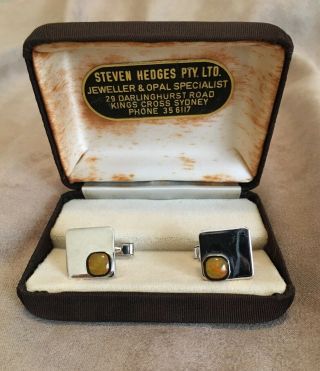 Vintage Steven Hedges Pty Ltd Sydney Starlux Sterling Silver & Opal Cuff Links 2