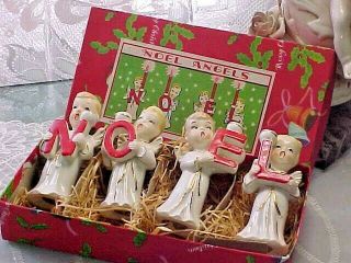 Vtg Xmas Decoration Japan Noel Candle Holder Set Box Kid Angel Ceramic Figurines