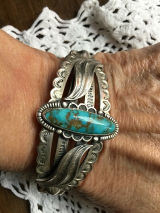Fred Harvey Era Navajo Silver Feather Ornate Turquoise,  Concho / Cuff Bracelet