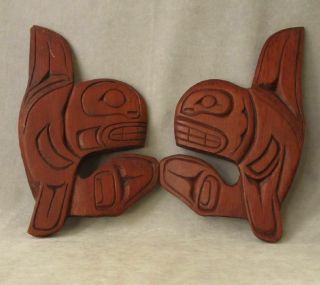 Signed First Nations Wood Plaque Set Killer Whales Hand Carved Pacific Northwest
