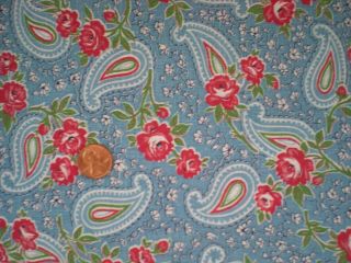 FLORAL PAISLEY Vtg FEEDSACK Quilt Sewing Doll Clothes Craft Fabric BlueRedGreen 2