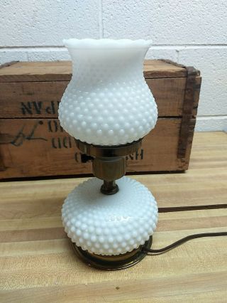 Vintage Hobnail Milk Glass Bedside Table Lamp With Ruffled Shade