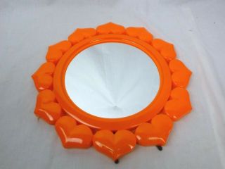 Vtg Mid Century Mod Pop Art Plastic Heart Round Mirror Orange 12 " Wh Hong Kong