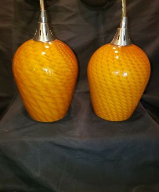 2 Mcm Orange Swirled Blown Cased Art Glass Pendant Light Fixtures
