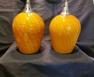 2 MCM Orange Swirled Blown Cased Art Glass Pendant Light Fixtures 2