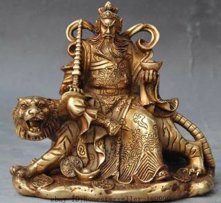 China Brass Wealth Money Coin Yuanbao Guangong Guan Yu On Tiger Fortuna Statue