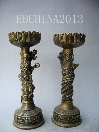 7 " Collect China Art Bronze Carved Dragon Phoenix Candlestick Lamps Statue Pair