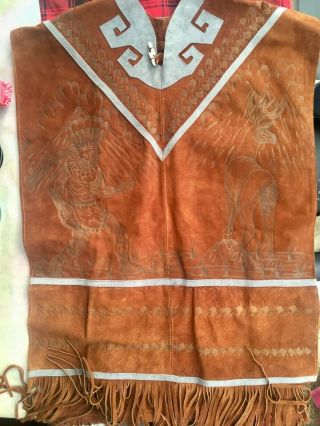 Southwest Suede Leather Brown/blue Poncho Native American & Deer Engraved Design