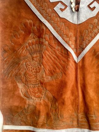 SOUTHWEST SUEDE LEATHER BROWN/BLUE PONCHO Native American & Deer Engraved Design 2
