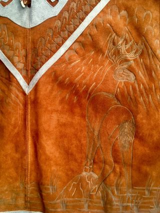SOUTHWEST SUEDE LEATHER BROWN/BLUE PONCHO Native American & Deer Engraved Design 3